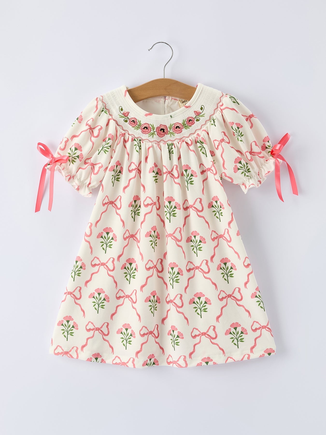 Spring Floral Smocking Embroidery Bow Girls Dress