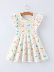 Easter Bunny Print Girls Flutter Sleeve Dress