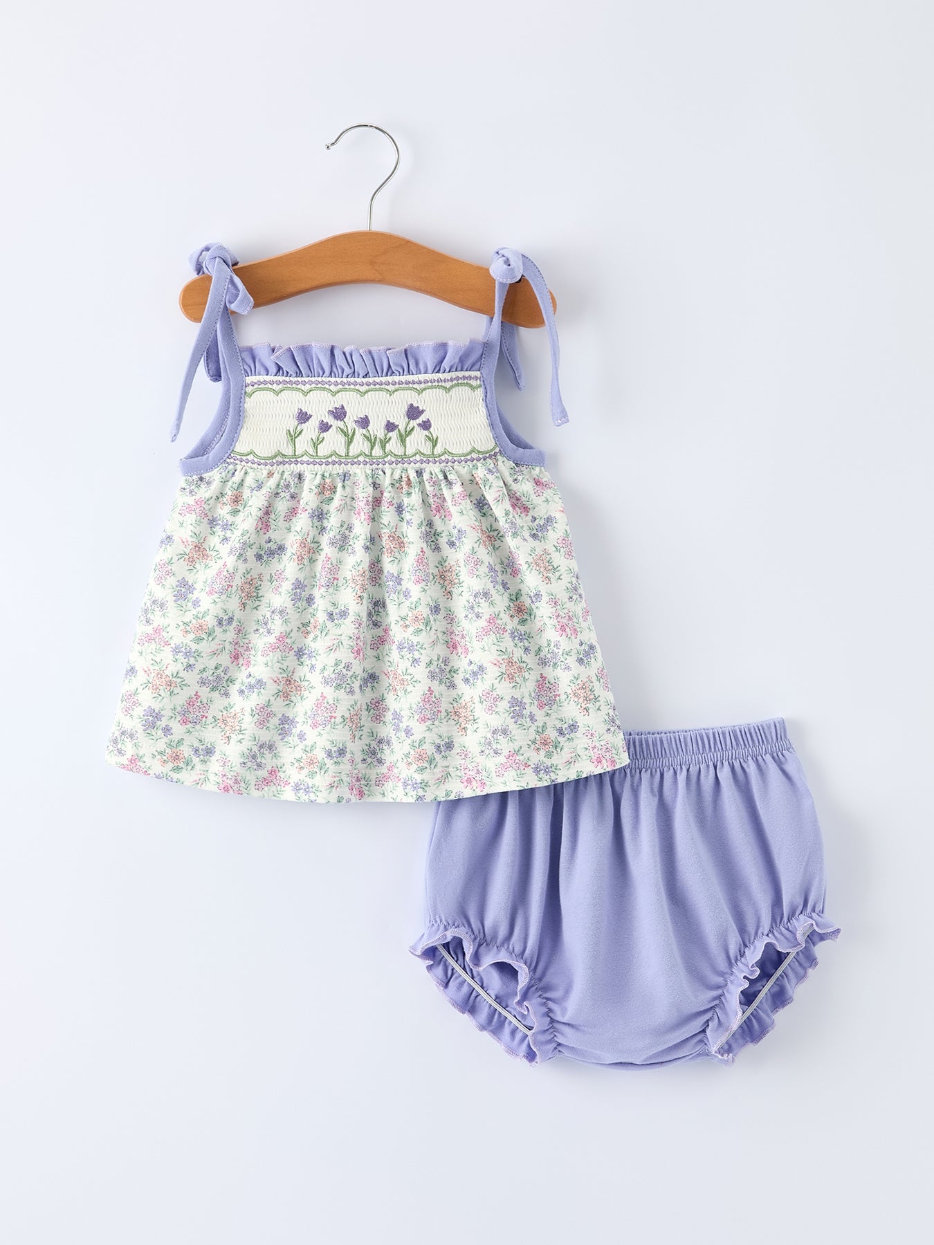 Preorder Purple Floral Smocked Embroidery Baby Girls Bloomers Set