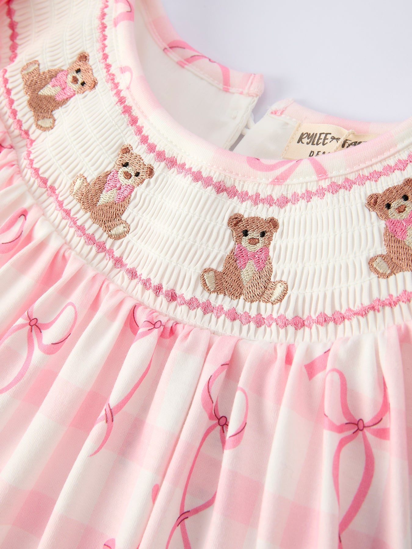 Spring Pink Bow Teddy Smocked Girl Dress