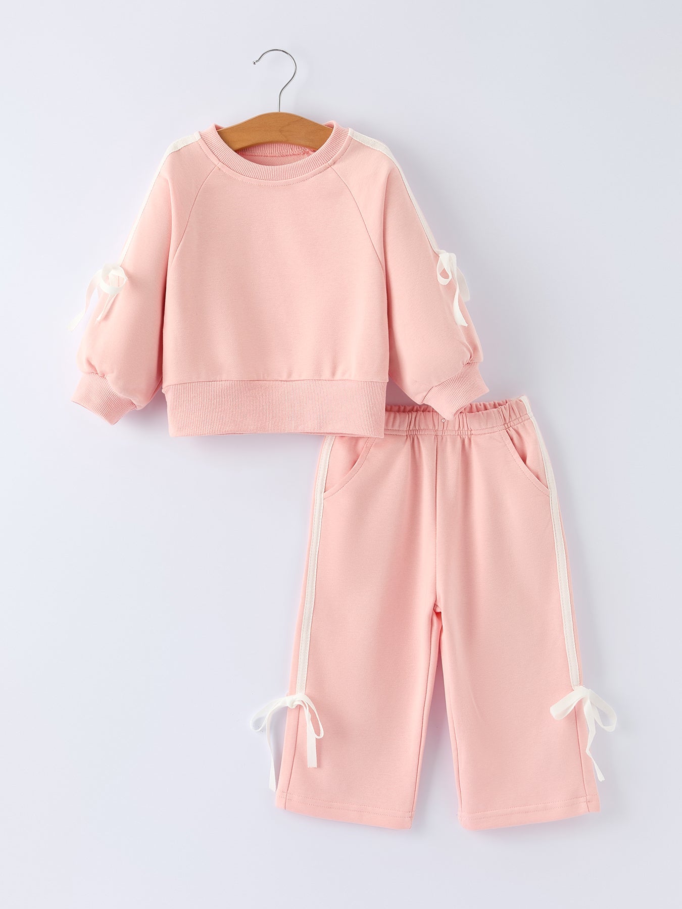 Girls Pink Bow Trim Sweatshirt And Pants Set