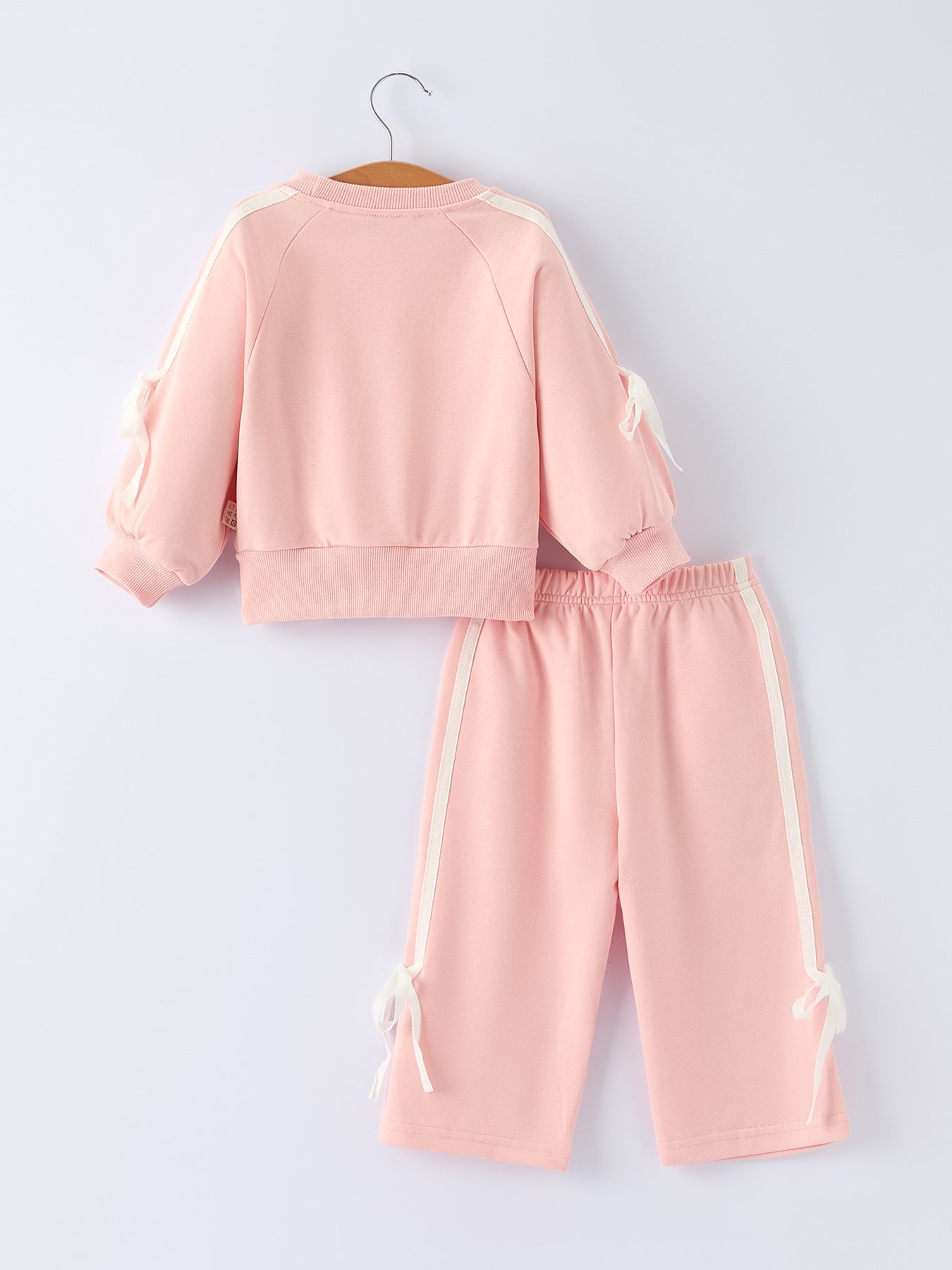 Girls Pink Bow Trim Sweatshirt And Pants Set