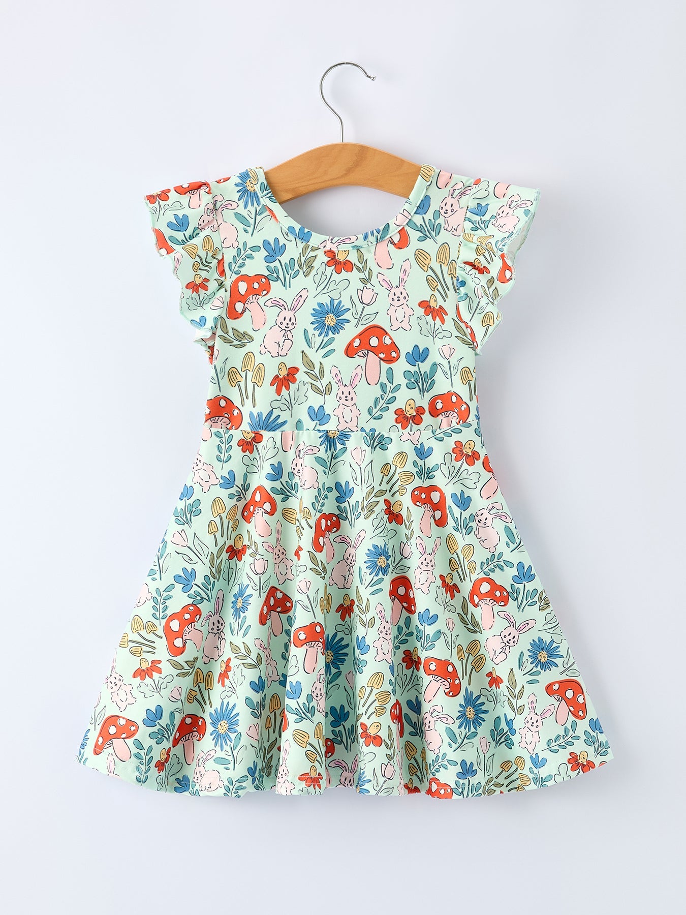 Easter Bunny And Mushroom Print Girls' Dress