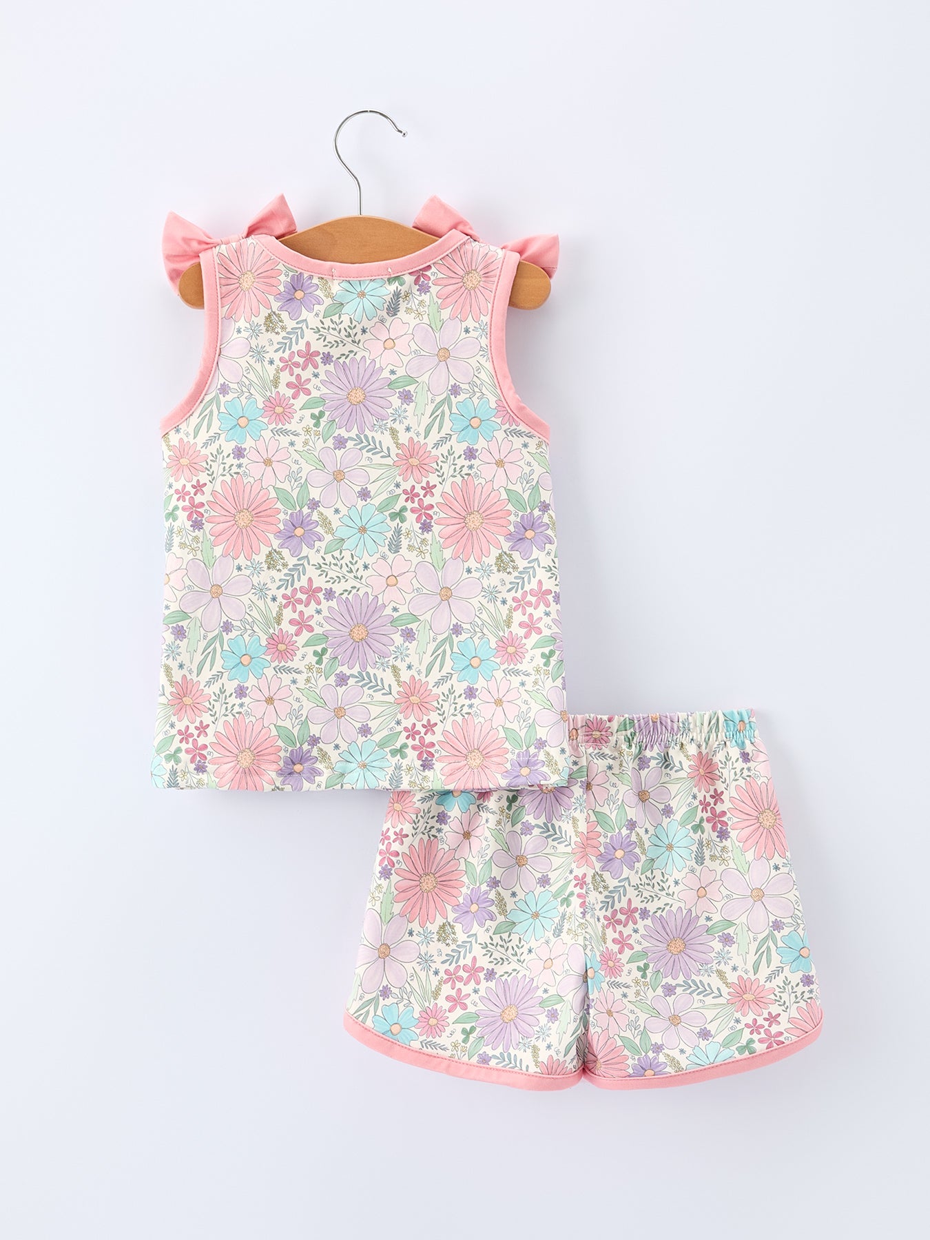 Girls Pink Floral Sleeveless Vest Top And Shorts Set