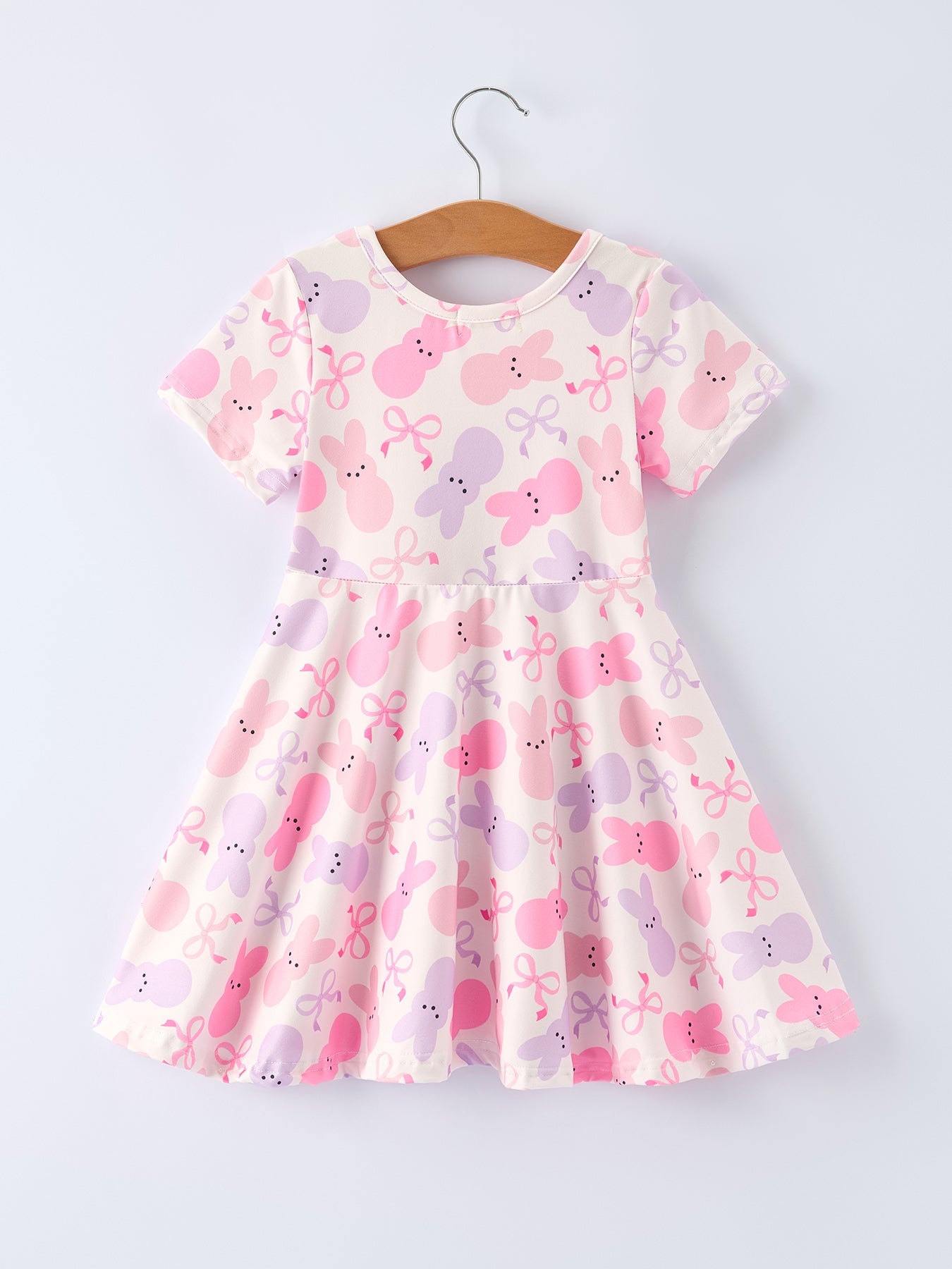 Spring Easter Bunny Bow Print Girls Short Sleeves Dress