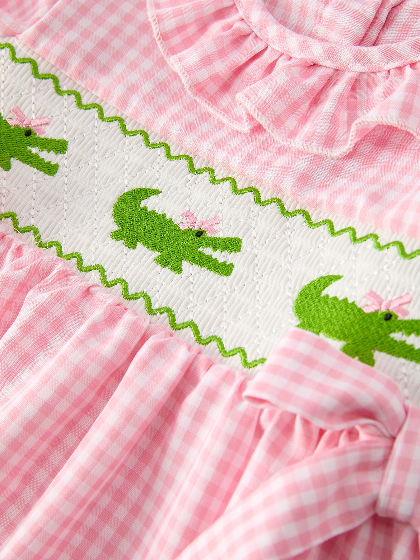 Girls Summer Crocodile Embroidered Smocked Dress