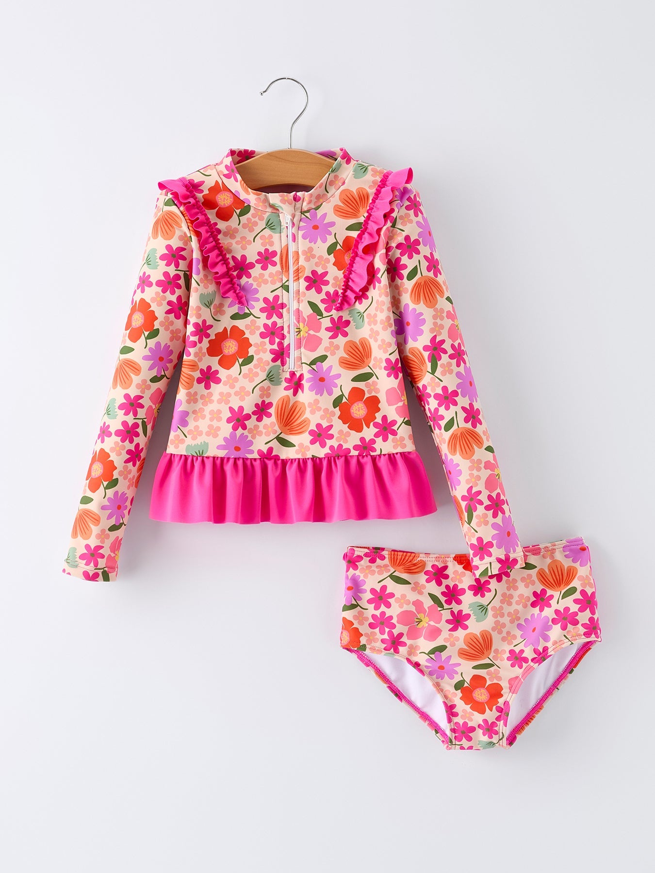 Summer Floral Ruffle Long Sleeve Girl Swimwear Set