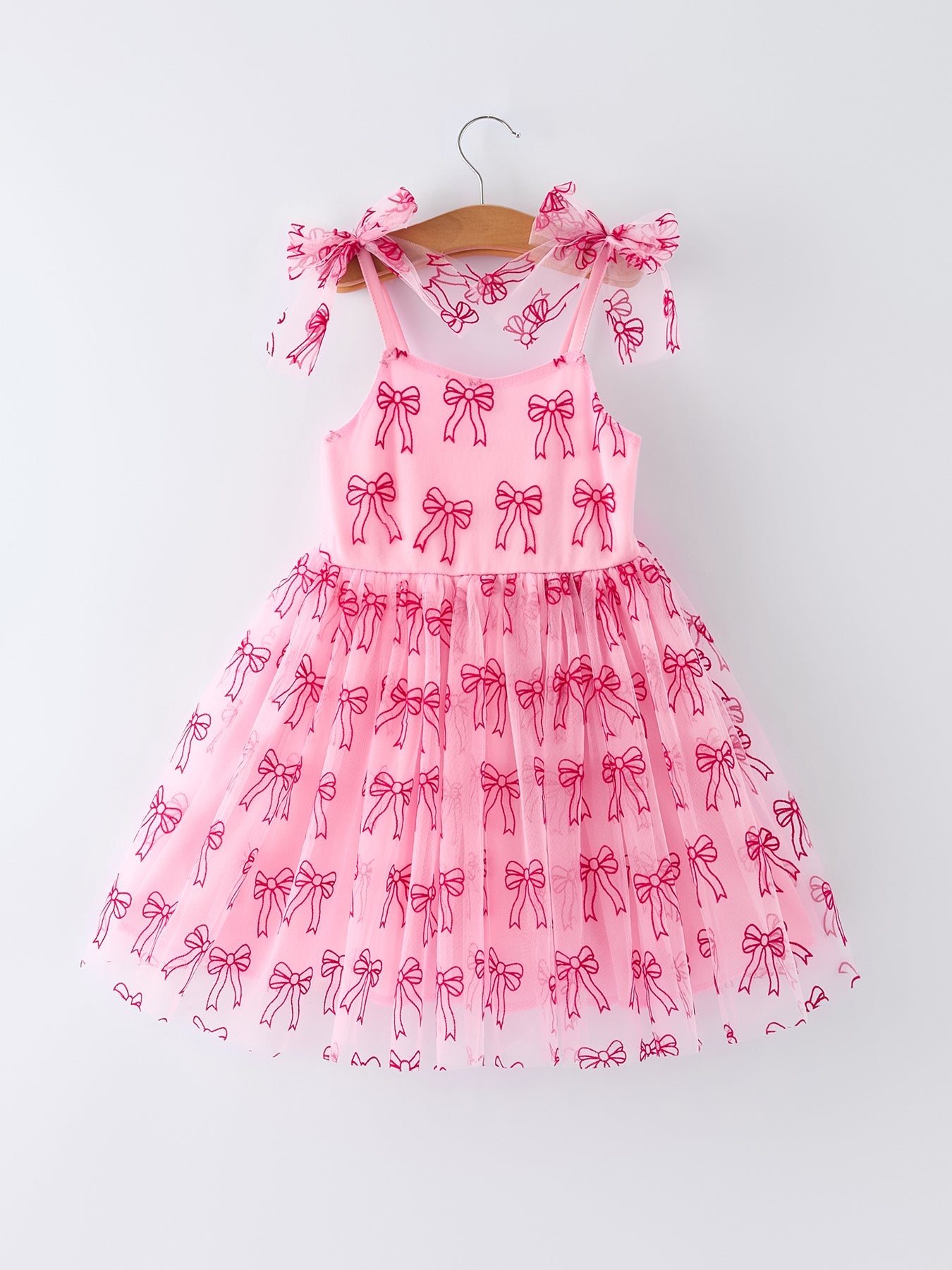 Spring And Summer Pink Tulle Bow Party Dress For Girls
