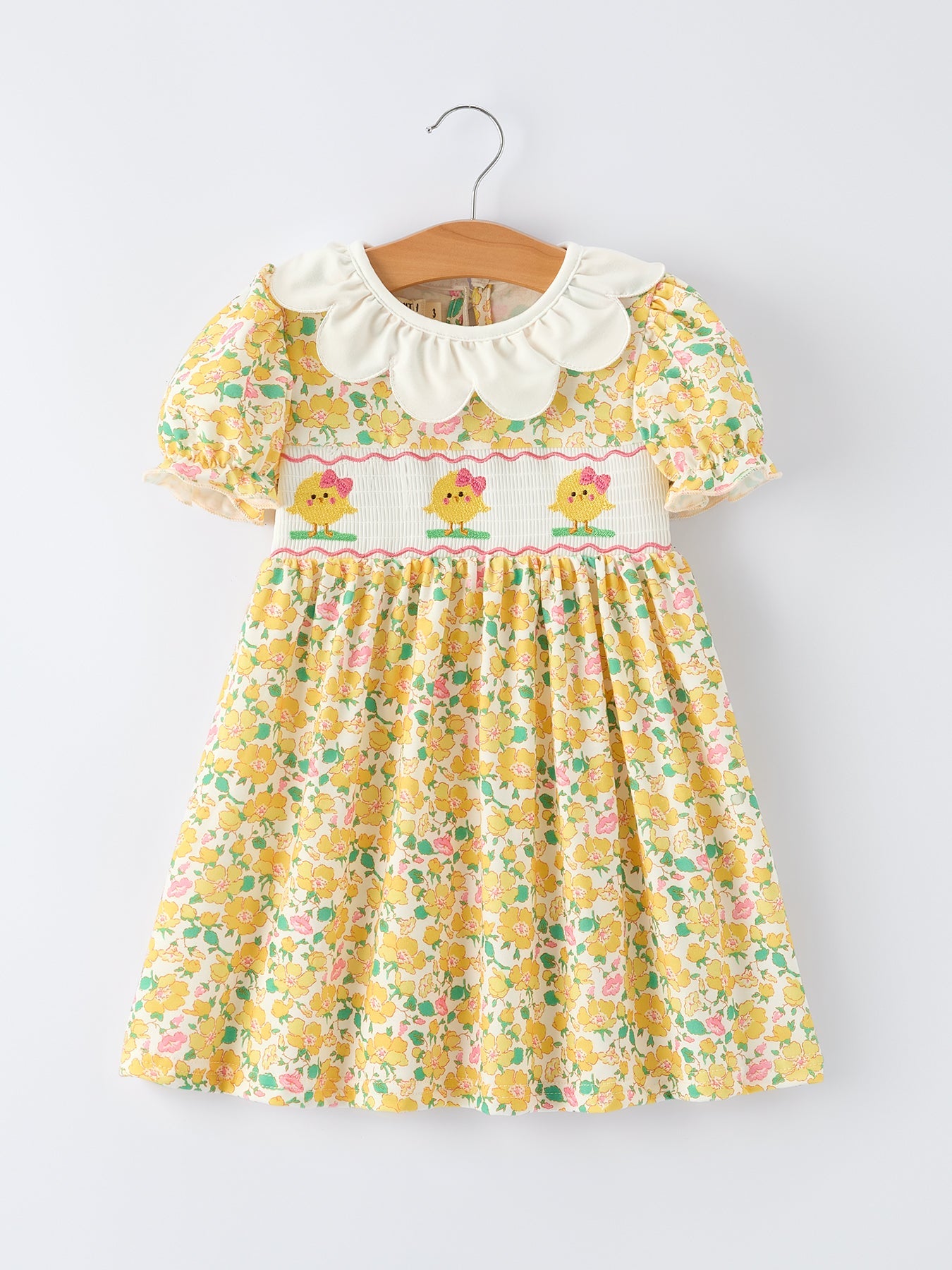 Easter Yellow Chick Embroidery Floral Girl Dress