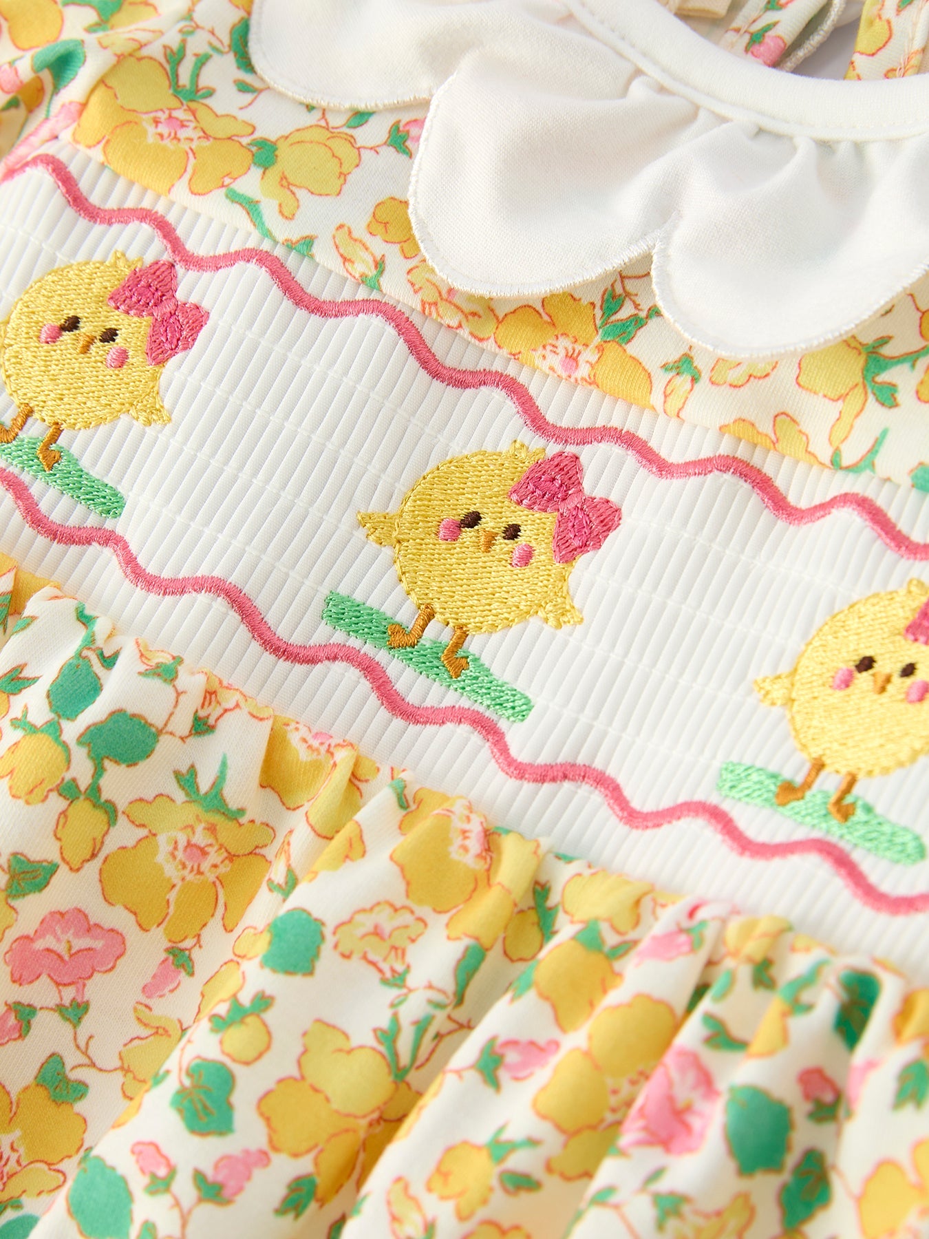 Easter Yellow Chick Embroidery Floral Baby Girl Romper