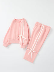 Girls Pink Bow Trim Sweatshirt And Pants Set