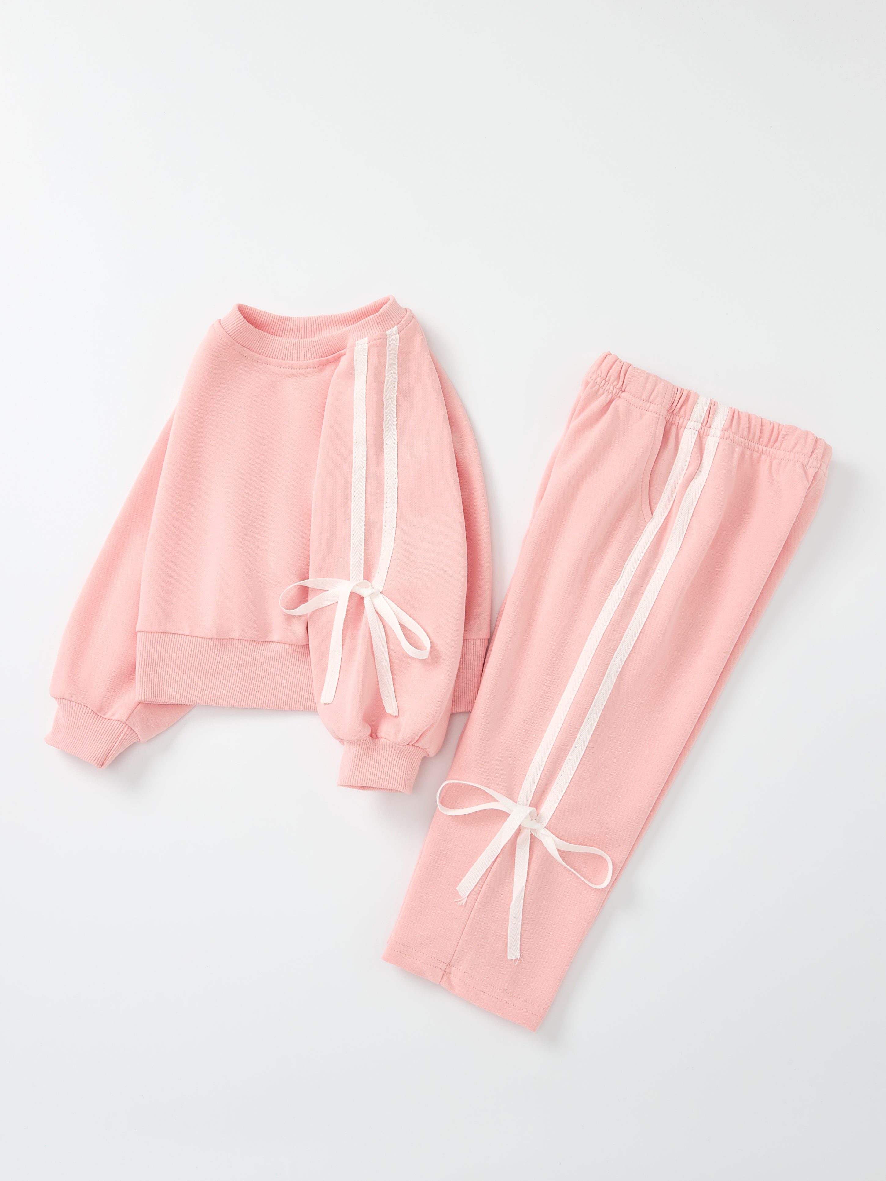Girls Pink Bow Trim Sweatshirt And Pants Set