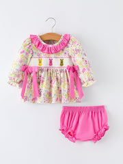 Easter Pink Bunny Embroidered Floral Long-sleeved Girl Bloomer Set