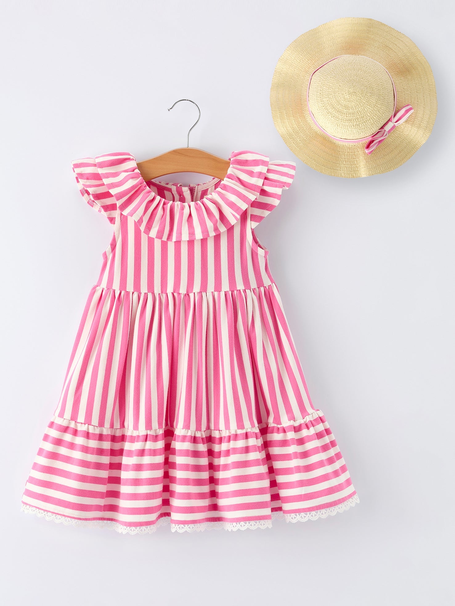 Spring  Pink Striped Ruffled Girls' Dress With Hat