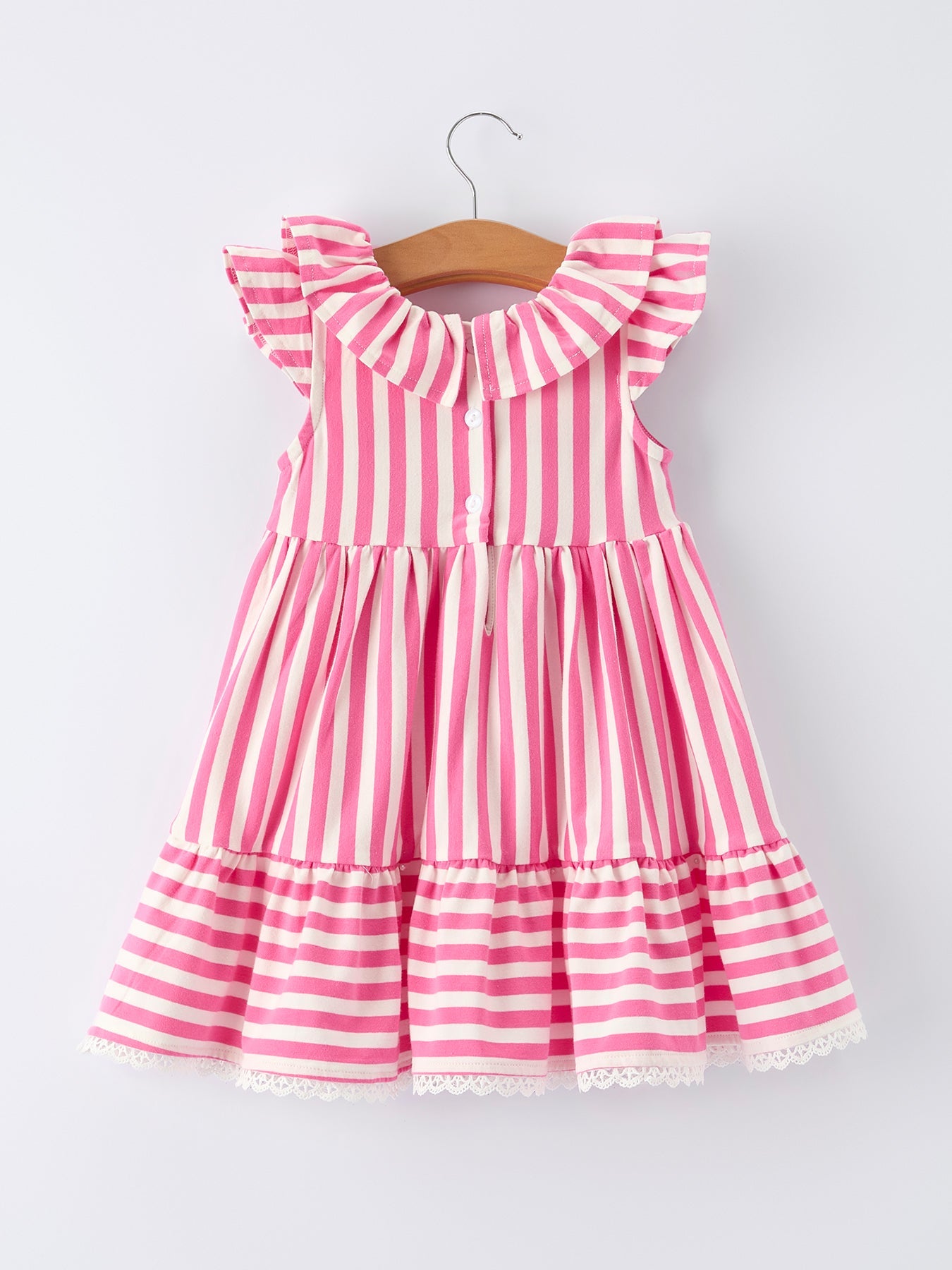 Spring  Pink Striped Ruffled Girls' Dress With Hat