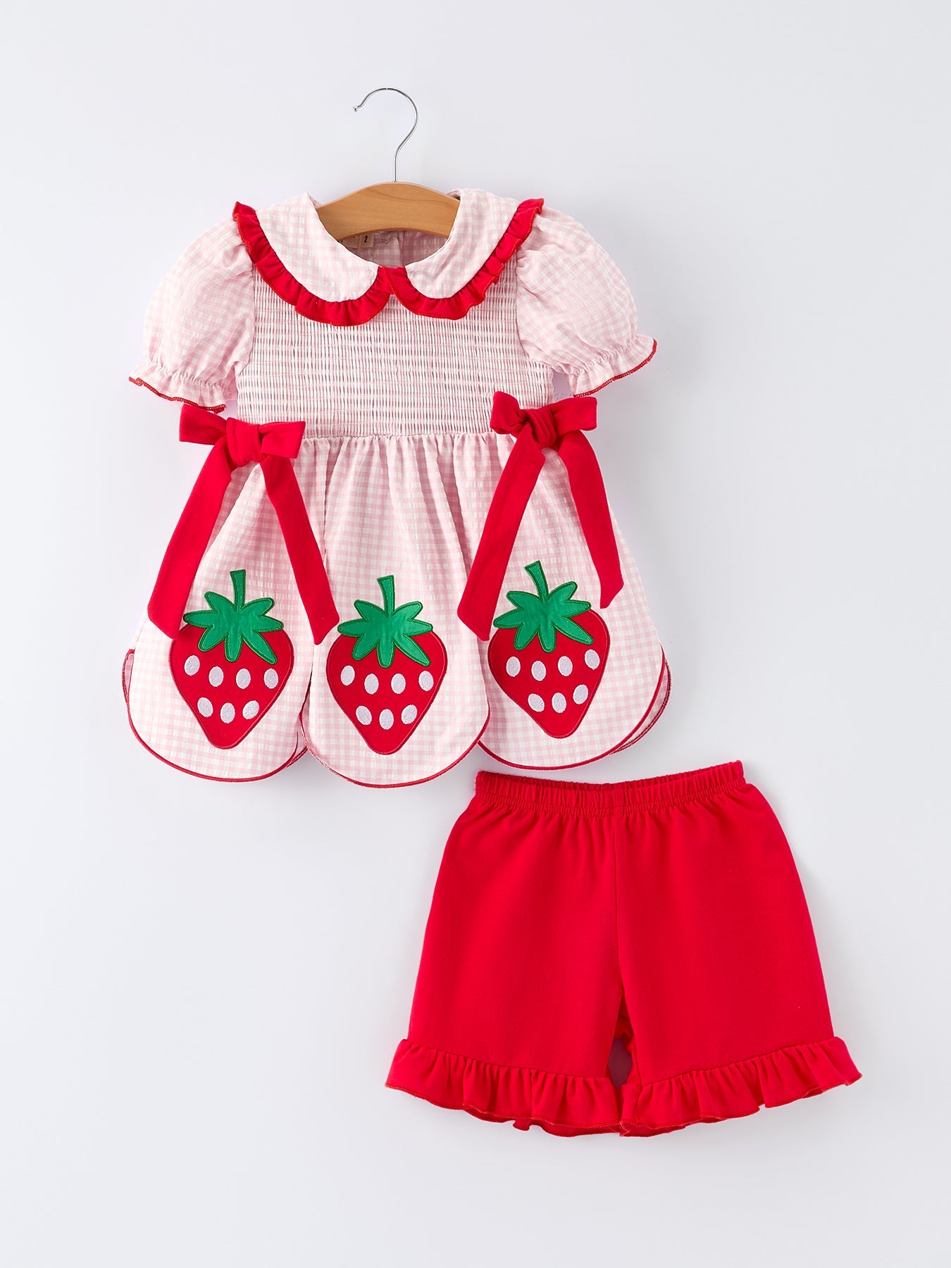 Girls' Plaid Smocked Strawberry Applique Shorts Set