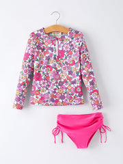 Hot Pink Summer Floral Girls Long-sleeved Swimsuit Set