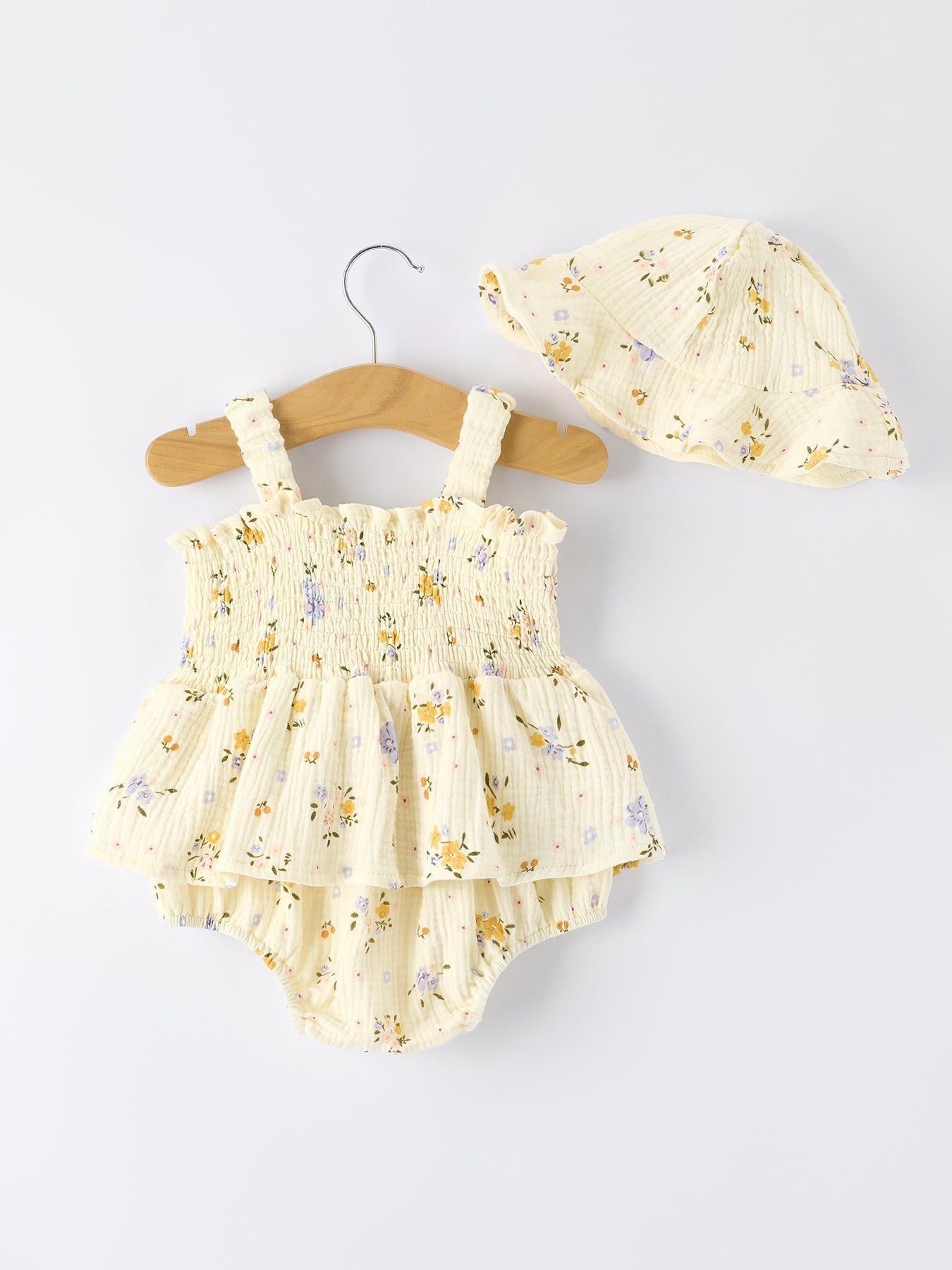 Floral Smocked Baby Romper With Matching Hat
