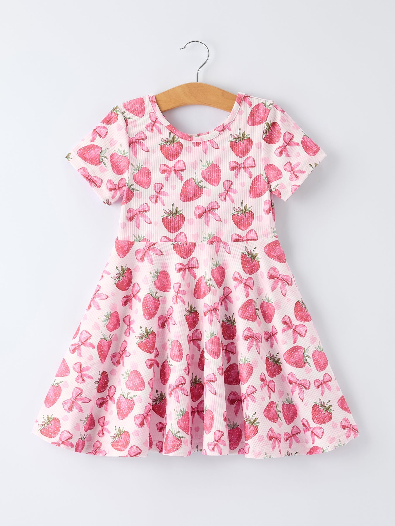 Summer Strawberry Bow Girls Short Sleeve Dress