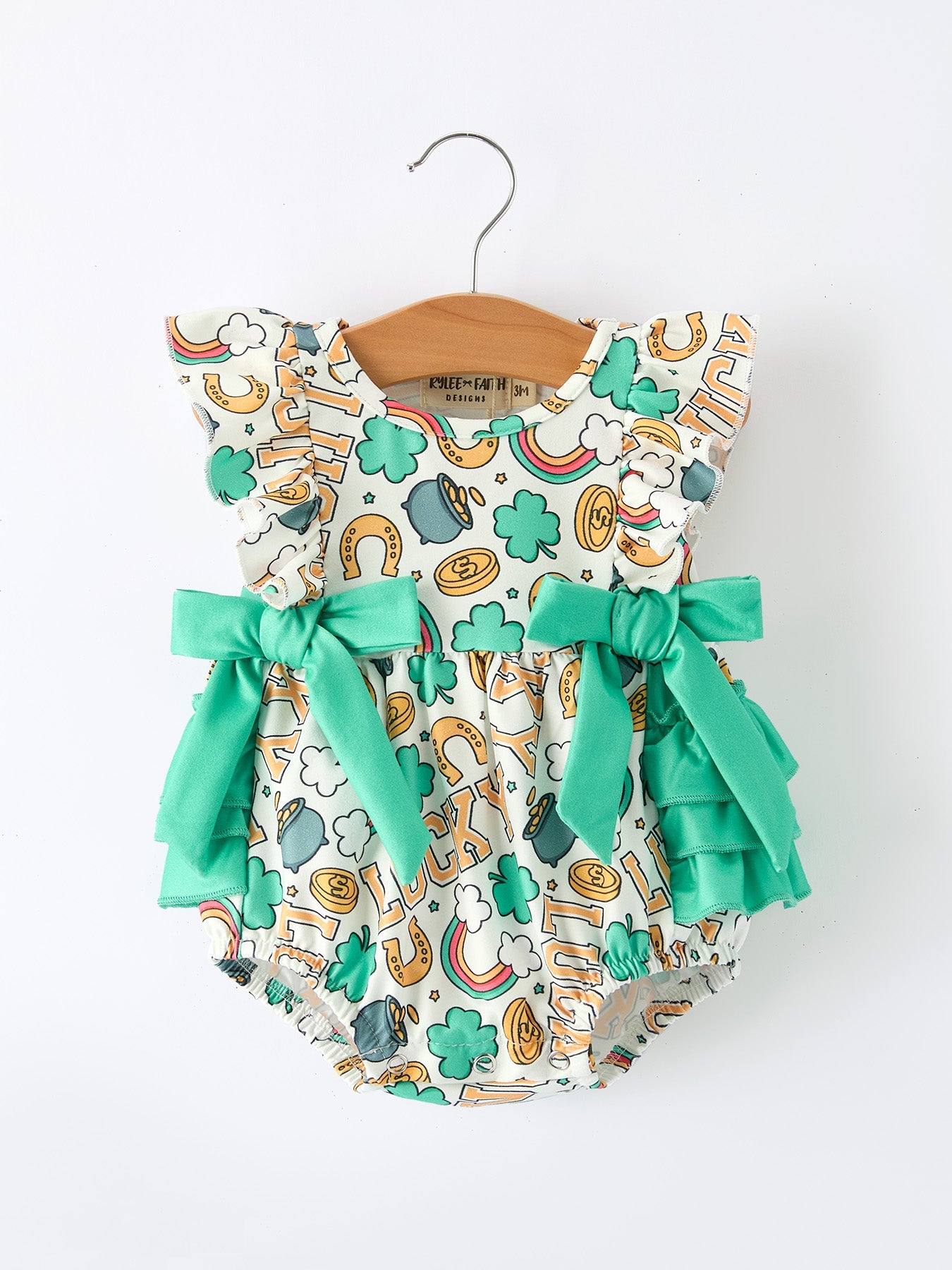 St Patrick's Day Shamrock Bow Baby Girl Romper