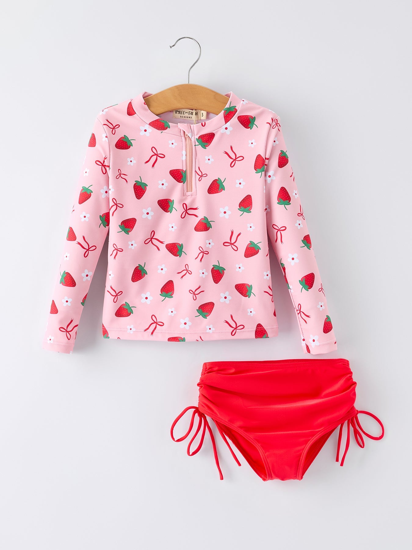 Summer Strawberry Print Girls Long Sleeve Swim Set