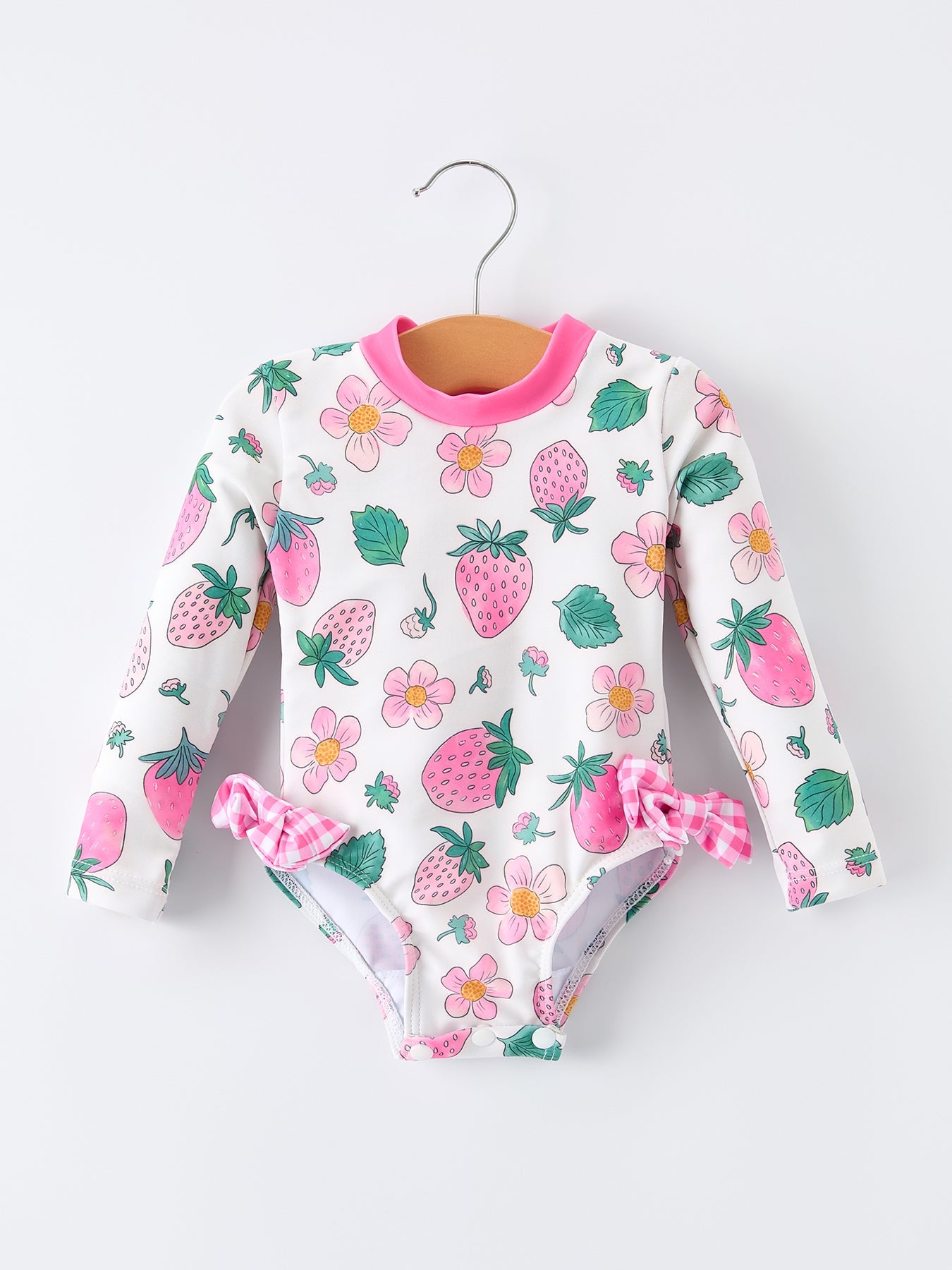 Strawberry Floral Print Long Sleeve Girls One Piece Swimsuit