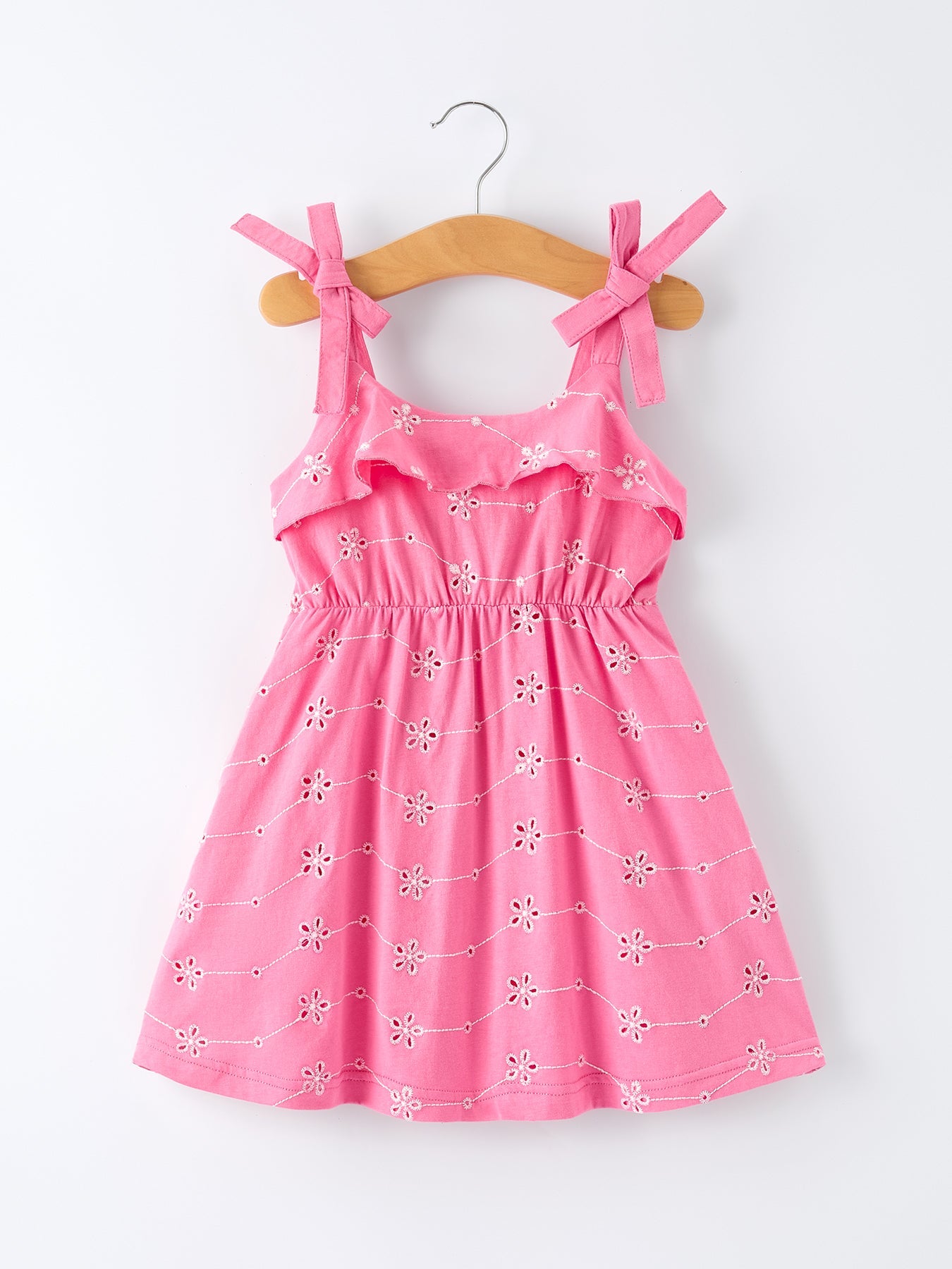 Pink Color Girl Bow Strap Ruffle Dress