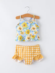 Summer Sunflower Plaid Girls Two Piece Swimsuit