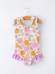 Floral Print Girls Ruffle Leg One Piece Swimsuit