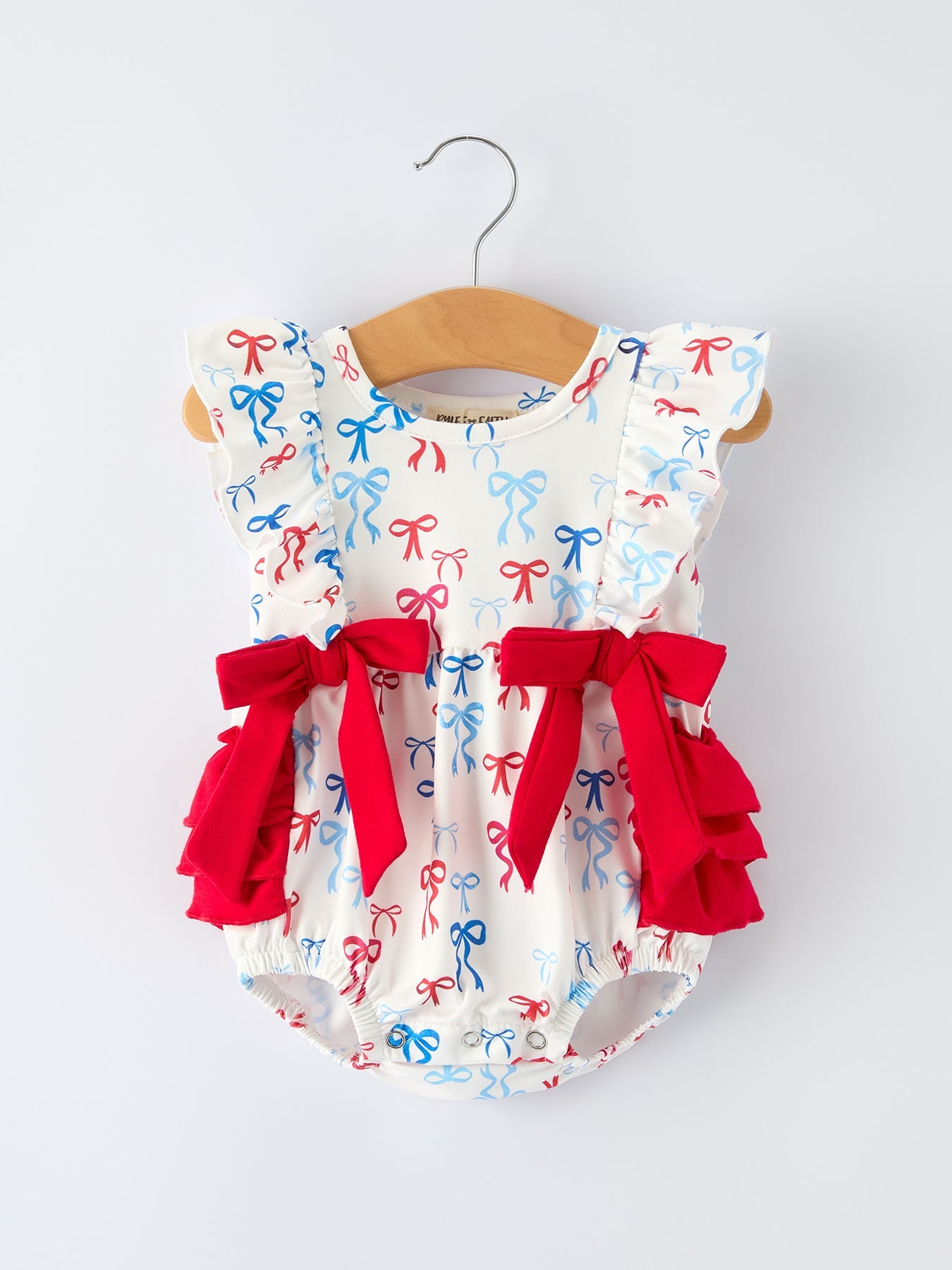 4th Of July Bow Print Baby Girl Romper With Ruffle Details