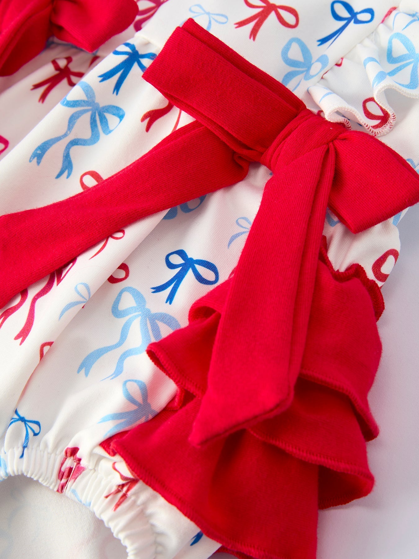 4th Of July Bow Print Baby Girl Romper With Ruffle Details