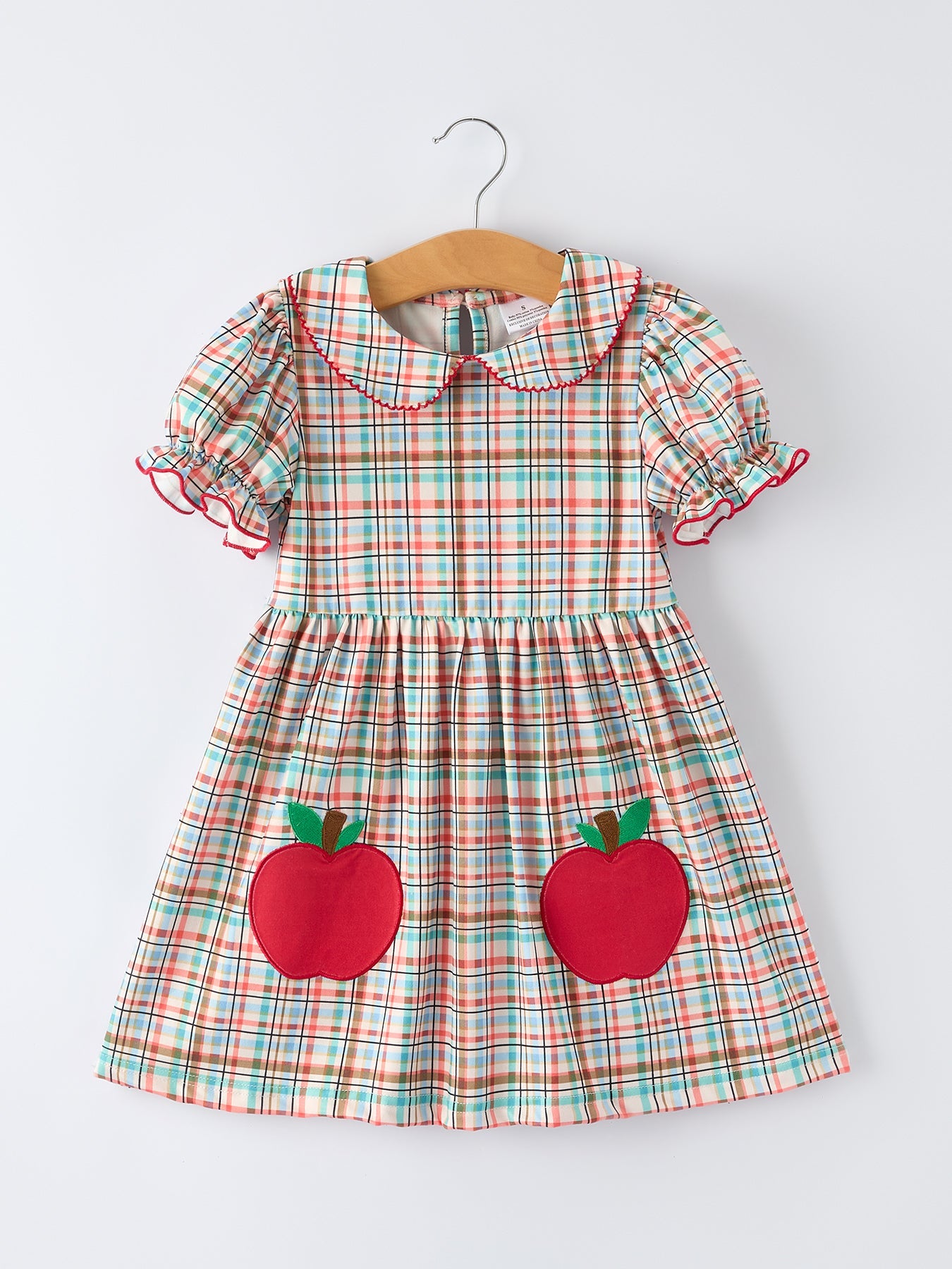 Back To School Plaid Girls Dress Apple Applique Peter Pan Collar