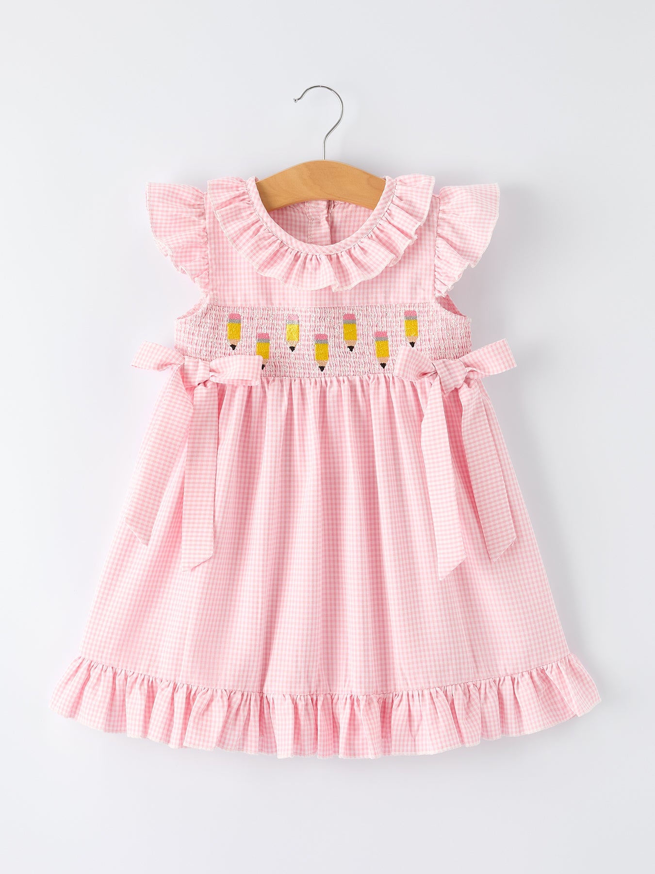 Back To School Pencil Plaid Girls Smocked Ruffle Collar Dress
