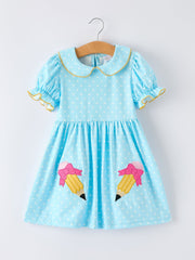 Back To School Polka Dot Girls Dress Pencil Bow Applique