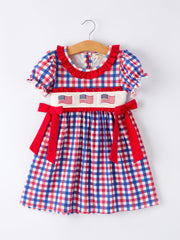 4th Of July Plaid Flag Girl Dress With Bow