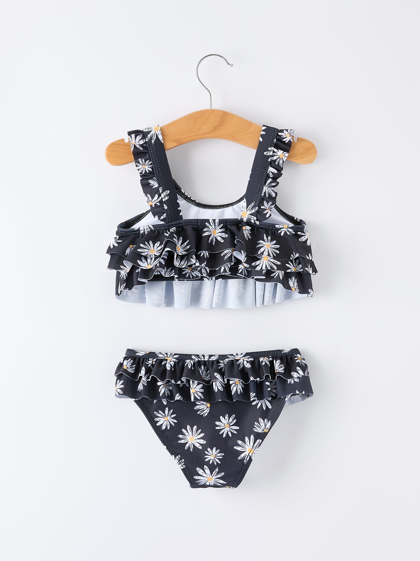 Summer Black Floral Girl Two Piece Swimsuit And Cover-up Set