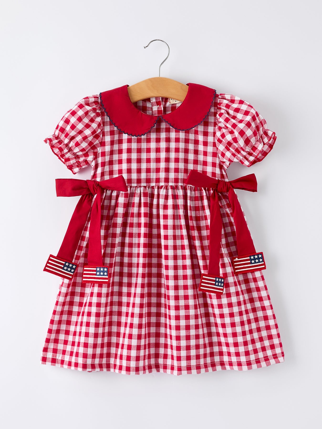 4th Of July Flag Plaid Girl Peter Pan Collar Dress Bow