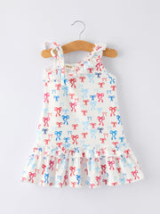 4th Of July Bow Print Girls Dress One Shoulder Ruffle