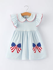 4th Of July Stripe Girls Dress Bow Peter Pan Collar