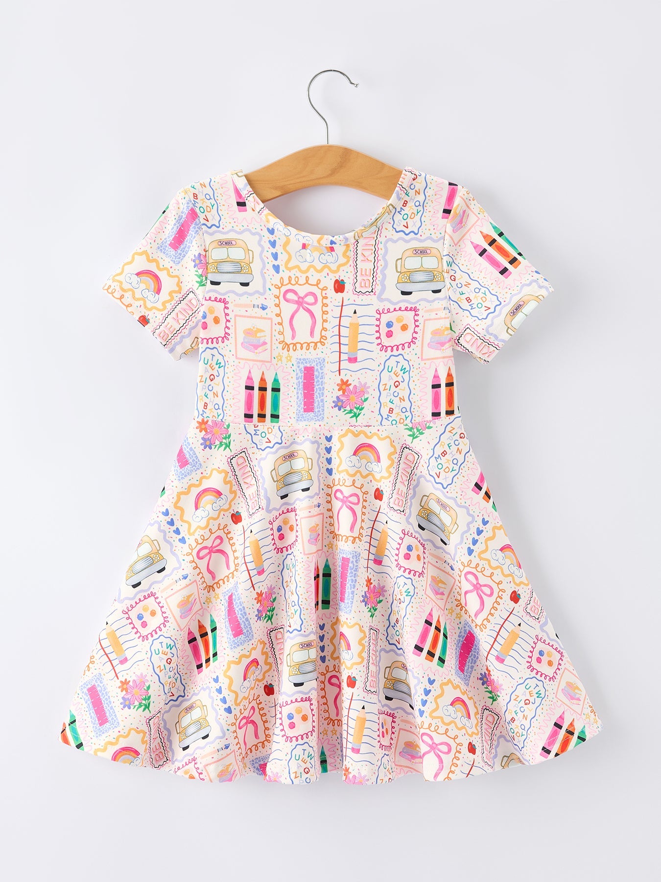 Back To School Rainbow Print Girls Dress Short Sleeve