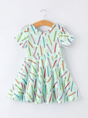 Back To School Pencil Print Girls Dress Short Sleeve