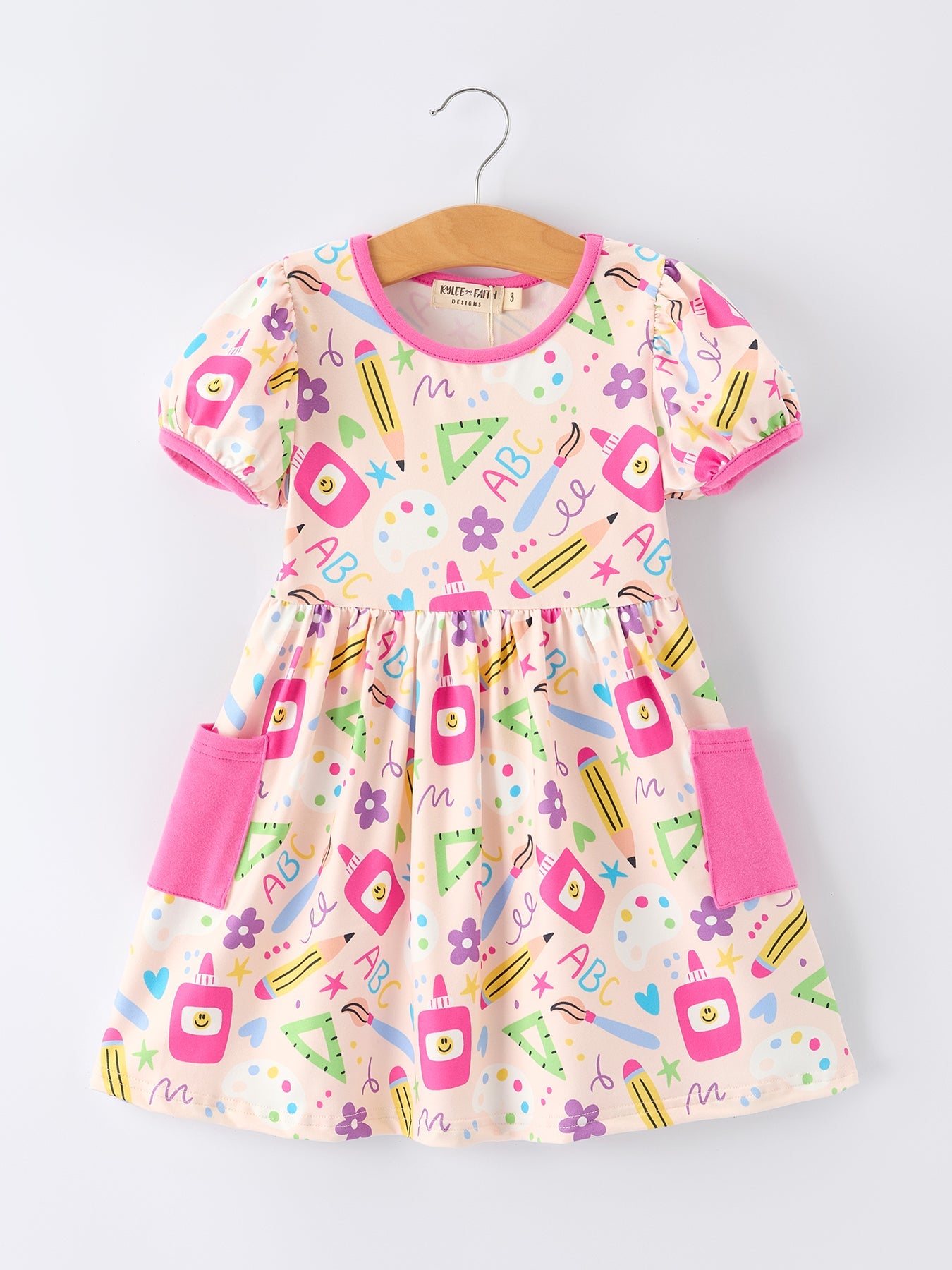 Back To School Print Girls Dress Short Sleeve Pocket