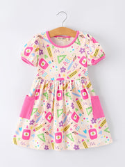 Back To School Print Girls Dress Short Sleeve Pocket