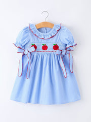 Back To School Apple Plaid Girls Dress Smocked Puff Sleeve Bow