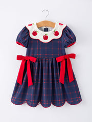 Back To School Apple Plaid Girls Dress Scallop Hem Bow