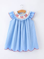 4th Of July American Flag Girls Dress Ruffle Collar Scallop Hem