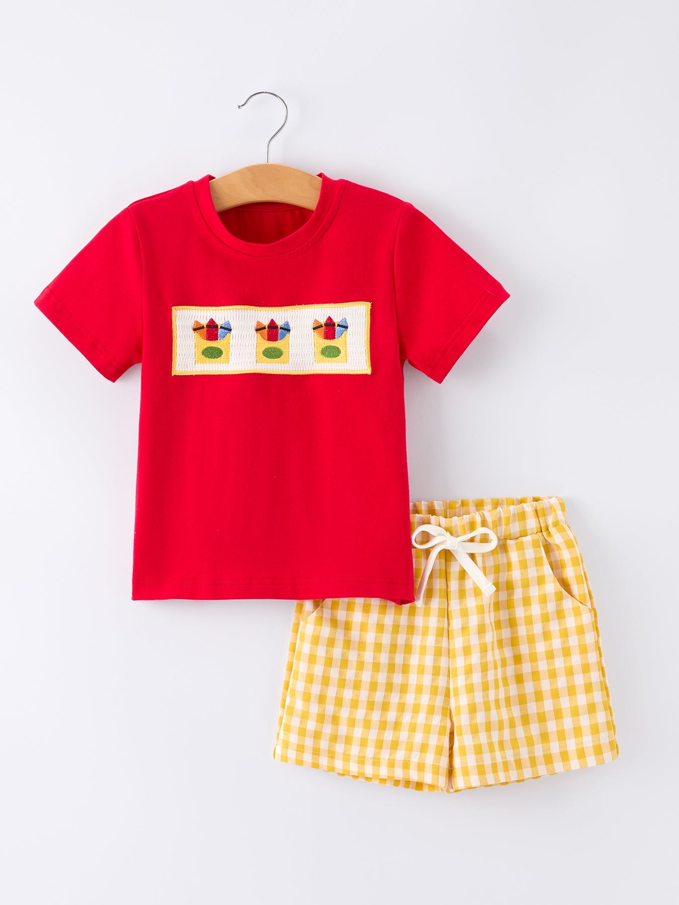 Back To School Crayon Smocked Boys Plaid Shorts Set