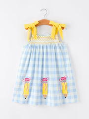 Girls Back To School Pencil Plaid Dress Bow Applique Smocked