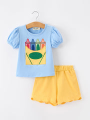 Girls Back To School Crayon Applique Top Shorts Set