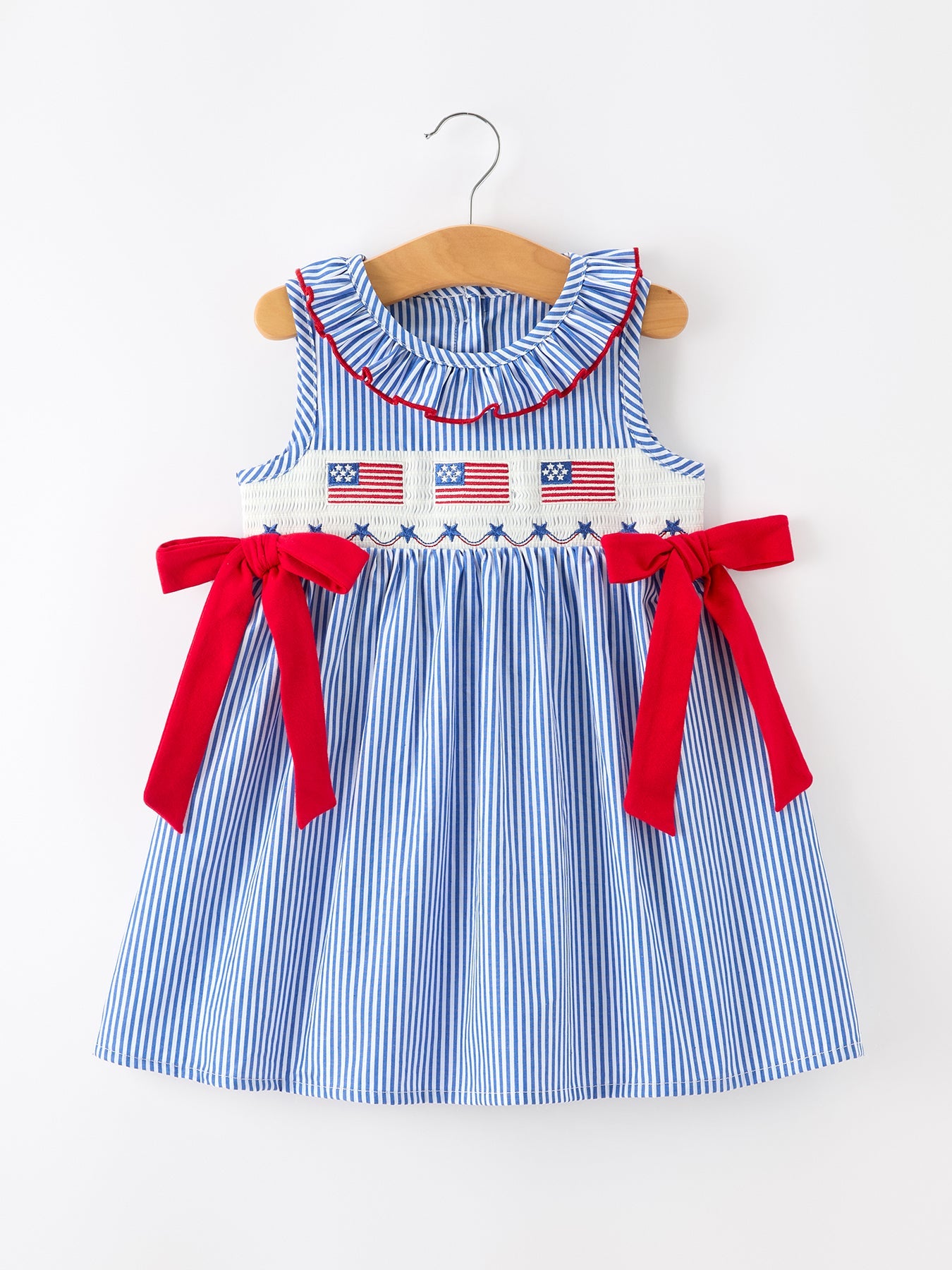 Girls 4th Of July Twirl Dress Bow Smocked Embroidery
